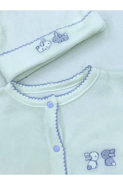 Eda Baby Albert Tavşan Nakışlı Patikli Şapkalı Kendinden Eldivenli Kadife Tulum