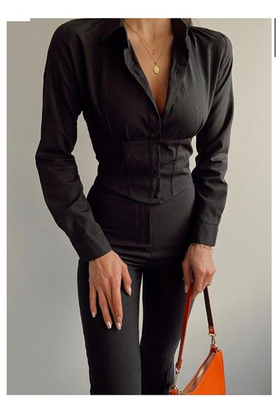 BE CHİC Cămașă Crop de damă neagră cu corset cu spate elastic Gm2000