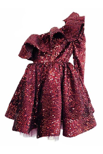 zühre balaban Βουργουνδία Φόρεμα για κορίτσια με έναν ώμο - Chilimeli Girl Dress