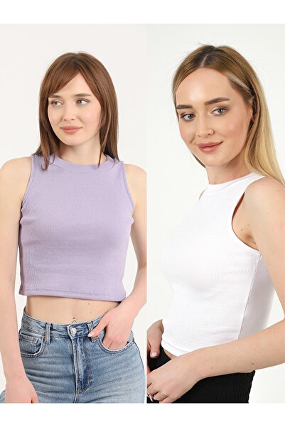 TİODES بلوزة قصيرة مكونة من قطعتين برقبة رسن بيضاء أرجوانية اللون للسيدات