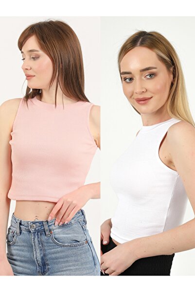 TİODES Γυναικεία Μπλούζα σε Πούδρα Λευκό με Γιακά Halter, Σετ 2 τεμαχίων