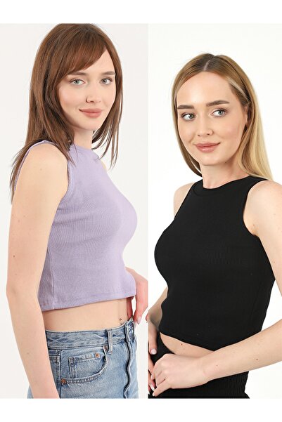 TİODES بلوزة قصيرة مكونة من قطعتين برقبة رسن سوداء أرجوانية اللون للسيدات