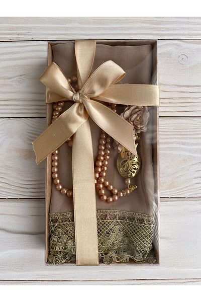 DuhaİslamiHediyelik Luxury Laced Shawl Luxury Rose Pearl Prayer Beads Dowry Bundle Home Concept
