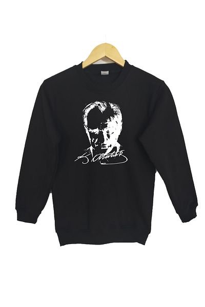 Raf Coll Children's Black Crew Neck Sweatshirt Atatürk Digital Printed