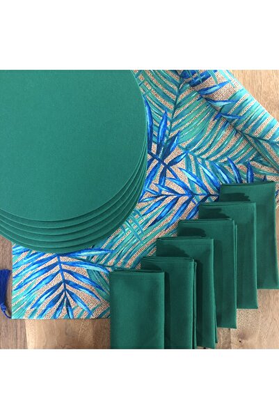 desen izmir Amerikan Servis, 6 Supla,6 Peçete Ve Runner Mavi Hasır