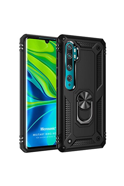Microsonic Mi Note 10 Pro Kılıf Military Ring Holder Siyah