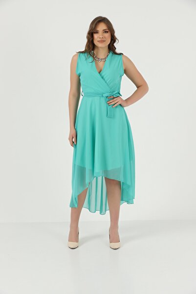 Ceylen Chiffon Double Breasted Collar Sleeveless Front Short Back Long Flared Dress