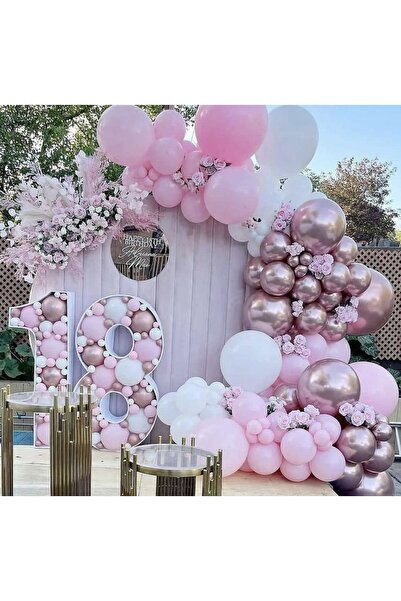 Çemrek Süs Parti Makaron Pembe Krom Pembe Balon Zinciri Seti 100 Adet Balon P...