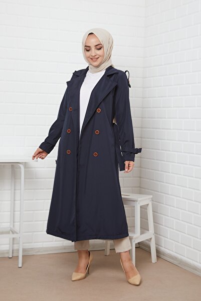 Modayare Kadın Lacivert Düğmeli Kemerli Trençkot