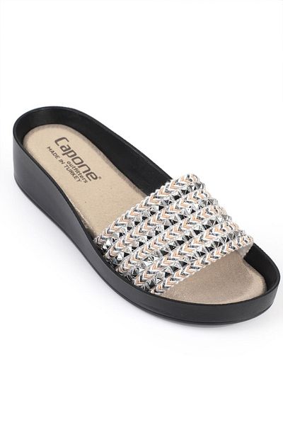 Capone Outfitters Capone 7517 Nut Silver Women's Single Strip Wedge Heel Slippers