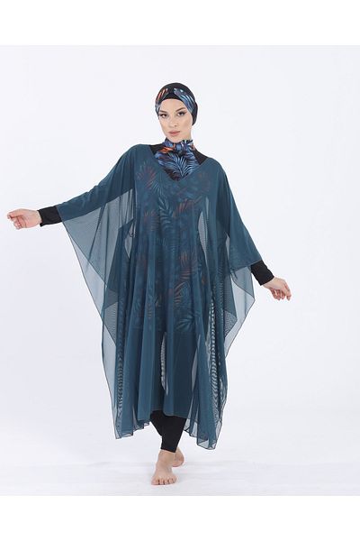 vawensea Women's Hijab Swimsuit V Neck Kaftan Pareo Petrol Green