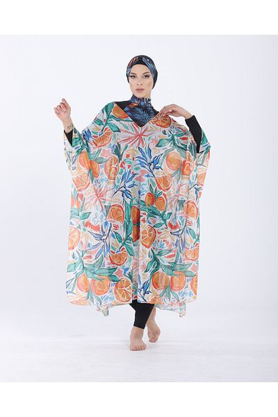 vawensea Women's Hijab Swimsuit V Neck Kaftan Pareo White Tropical Patterned