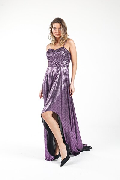 ALİS DRESS Mor Ip Askılı Yırtmaçlı Parıltı Abiye