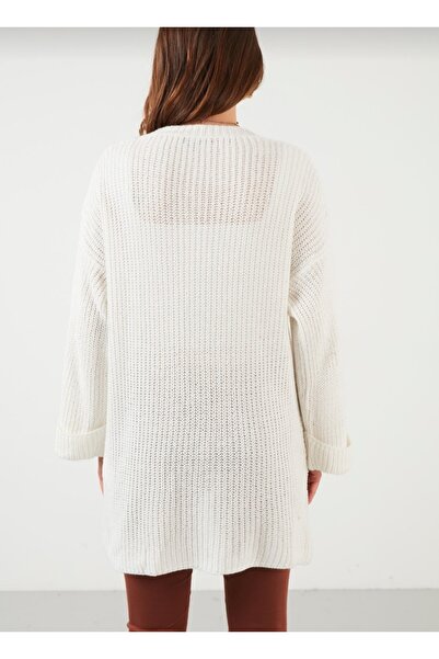 Nazende Stil Lässiger Ecru-Strick-Cardigan für Damen mit gefalteten Ärmeln und Taschen