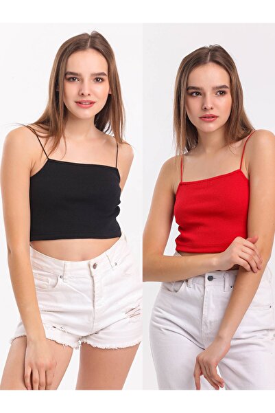 TİODES Bustieră Crop Top pentru femei, negru și roșu, cu curele, pachet de 2