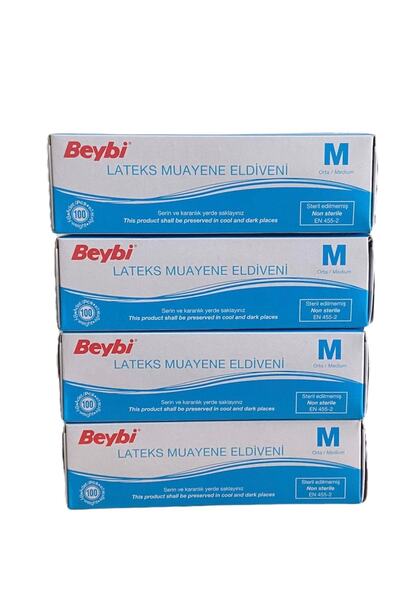 Beybi قفازات فحص من اللاتكس البودرة (m) M مكونة من 4 قطع عبوة من 100 قطعة