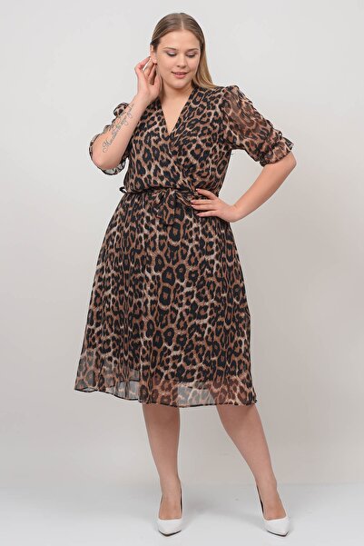 Neşeli Butik Γυναικείο φόρεμα σιφόν με διπλό γιακά Midi μεγάλο μέγεθος Leopard print Nb80622