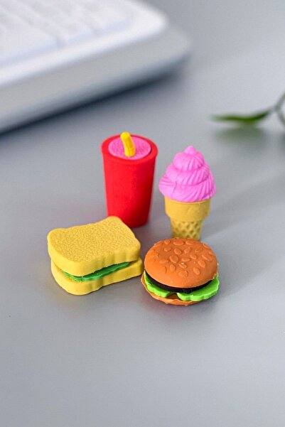 Adil Baba Sevimli Fast Food Tasarımlı Özel Çantasında 4'lü Silgi Seti