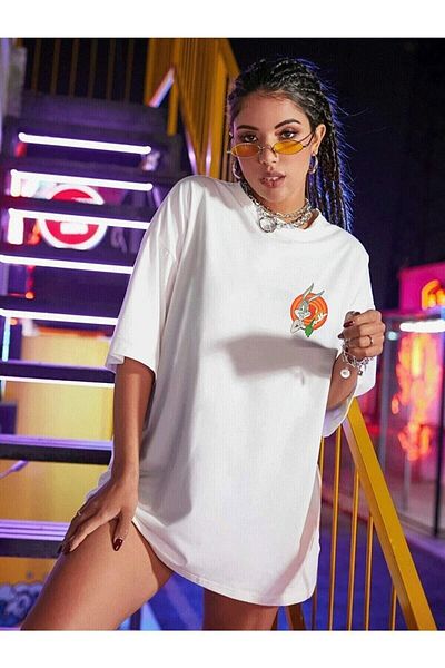 BENROMA 1 προϊόν για αγορές 6 και άνω Δώρο Rabbit Printed Oversize Λευκό T-shirt