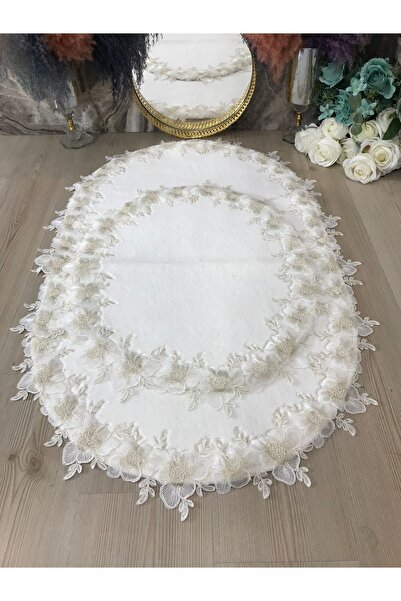 Kumru Çeyiz 2'li Güpürlü %100 Pamuk Halı Taban Banyo Paspası