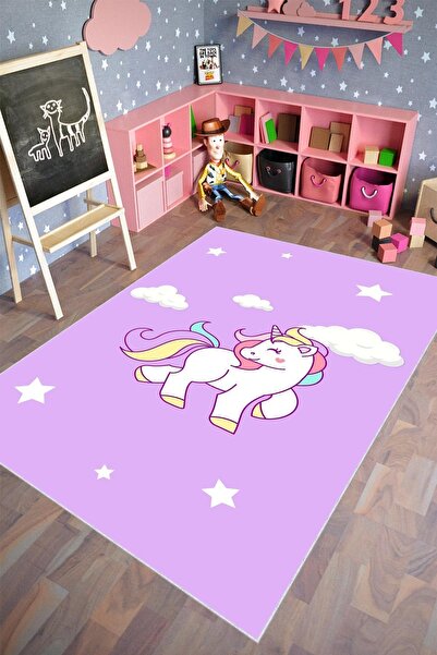 10 Post Online Çocuk Halısı Figürlü Unicorn Mor Pembe Kaydırmaz Kesme Yıkanab...