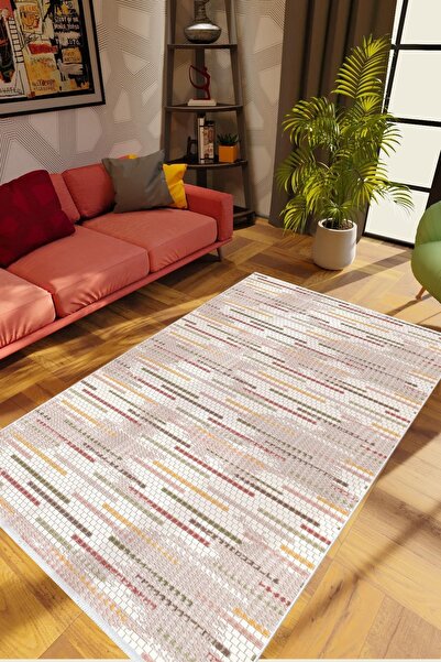 10 Post Online Salon Halısı Eskitme Çizgili Ekru Krem Bordo Kaydırmaz Kesme Y...