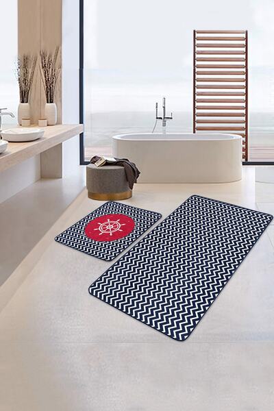 Realhomes Navy Blue Zigzag Designed 2-Piece Bathroom & Kitchen Mat Set with R...