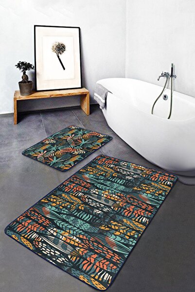 Realhomes مجموعة سجادة حمام ومطبخ مطبوعة رقمية بأوراق استوائية طويلة ملونة مك...