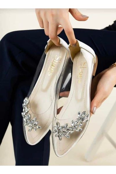 moun shoes Women's White Imported Stoned Transparent Ballerina Shoes