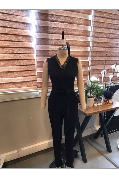 Secret Passion Lingerie Black Flexible Crepe Fabric Self-Belted Collar Lace Detailed Pocketed Jumpsuit 681582083
