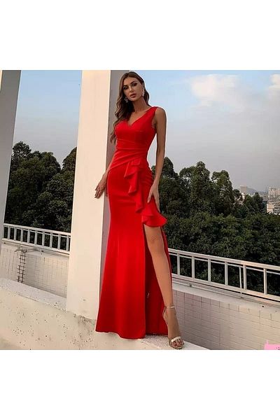 Secret Passion Lingerie Rochie de seară și rochie de absolvire cu decolteu în U din țesătură flexibilă roșie, cu fantă în talie cu volan 582054 676