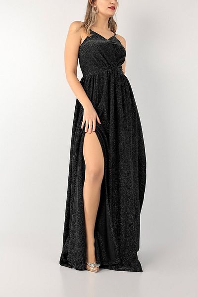 Secret Passion Lingerie Μαύρο γκλίτερ Σχέδιο Κρεμαστό Σχιστό Λεπτομέρεια Μακρύ Φόρεμα Βραδινό Φόρεμα 140996