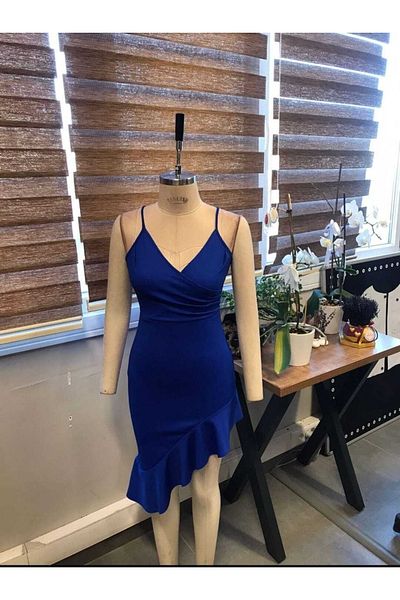 Secret Passion Lingerie Μπλε ελαστική κρεπ υφασμάτινη φούστα Ασύμμετρη βολάν Λεπτομερές λουράκι Μίνι βραδινό φόρεμα 582058   677
