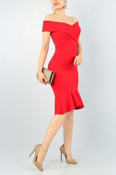 Secret Passion Lingerie Red midi Evening Dress - Cross Design, Flared SKirt, Lined Gos-3