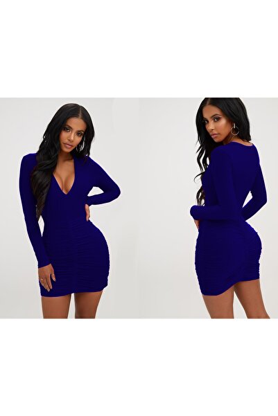 Secret Passion Lingerie Tknfashion ελαστικό ύφασμα στήθος χαμηλού κοψίματος με λεπτομέρεια μακρυμάνικο μπλε μίνι φόρεμα 394