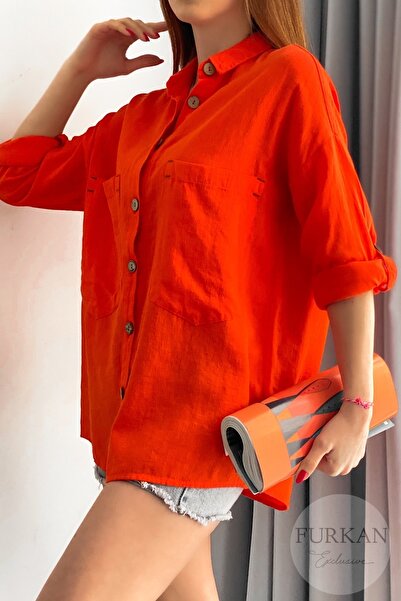 FEMELLE Dámská oranžová dřevěná košile se zapínáním na knoflíky s dvojitou kapsou pro volný čas Široký volný střih 65 % bavlna 35 % len