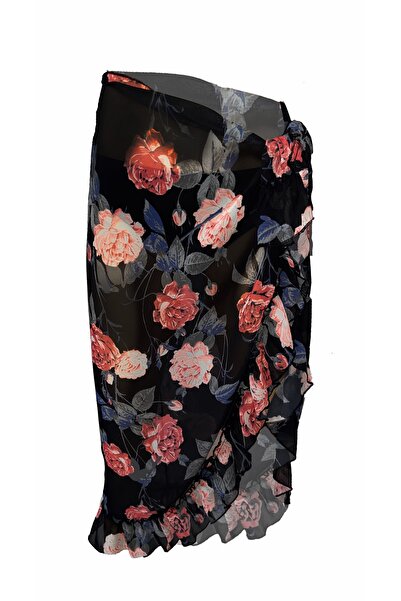 Bolder Ashley Siyah Kırmızı Çiçek Desen Fırfırlı Pareo