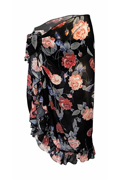 Bolder Ashley Siyah Kırmızı Çiçek Desen Fırfırlı Pareo