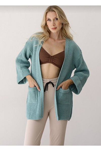 Nazende Stil Cardigan de damă cu mâneci mentă cu buzunar pliat