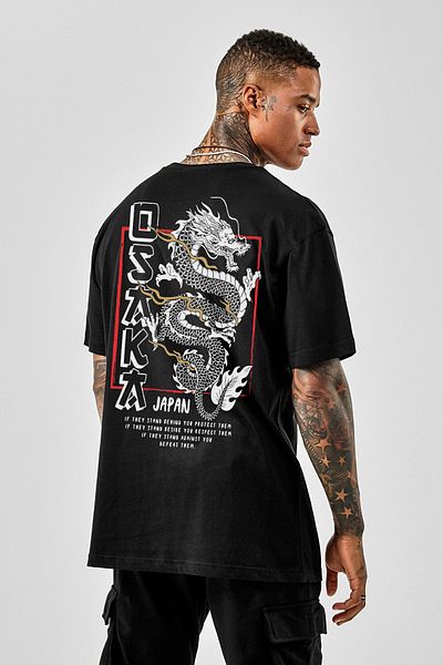 DEEPSENCE Osakadragon Back Printed Men's Black Oversize T-Shirt