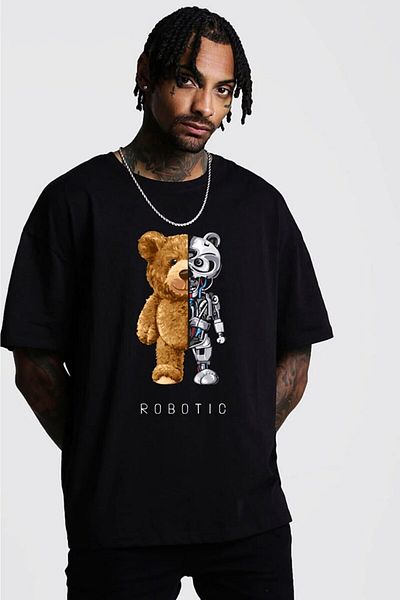 DEEPSENCE Men's Oversize T-shirt Robotic Printed Black