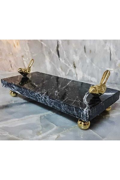 Sümeyra Marble Art Pigeon - Black Marble Presentation Tray | 15x30cm | Bird Object | Ball Footed Presentation Rack | Cake Presentation |