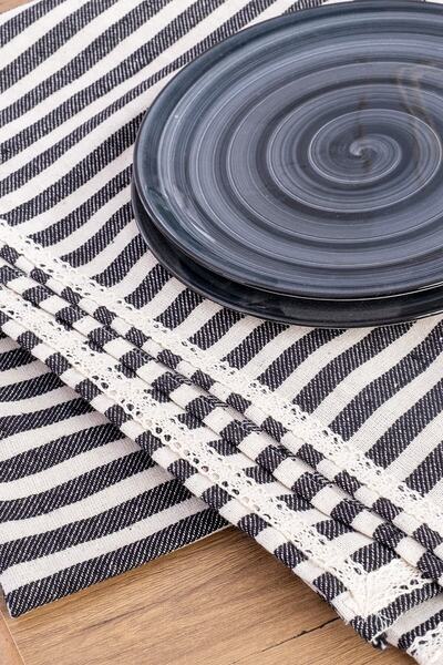 vivamaison Black Striped Linen Lace Tablecloth