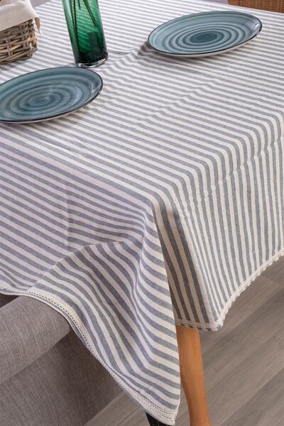 vivamaison Ruched Gray Striped Linen Tablecloth