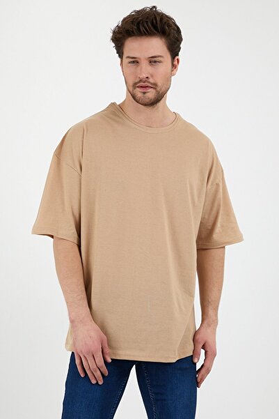 BESTTRENDY Unisex Bej Oversize Bol Kesim Düz Renk T-shirt