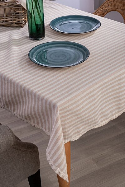 vivamaison Milk Coffee Striped Linen Lace Tablecloth
