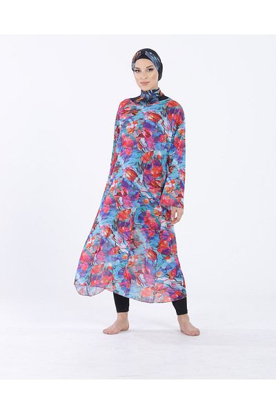 vawensea Women's Long Sleeve Patterned Pareo Over Hijab Swimsuit