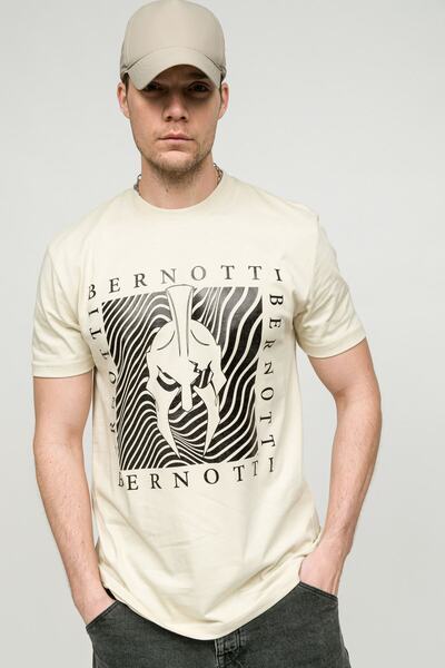 Sıfır Yaka Bej Emprime Baskılı Günlük Erkek T-Shirt