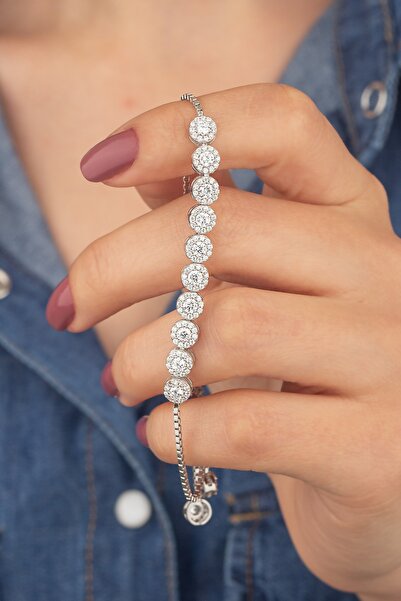 Miavi Silver 925 Ayar Gümüş Beyaz Pırlanta Modeli Asansörlü Bileklik