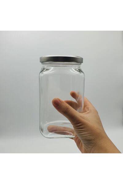 cambalaj 24 Adet (1 Koli) 850 Cc Şeffaf Kare Cam Kavanoz Gümüş Metal Kapak